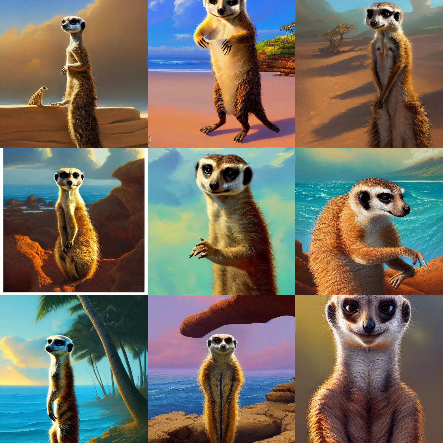 Prompt: a meerkat in Hawaii, artstation, by nick silva and RHADS, artstaion, intricate, elegant, highly detailed, digital painting, smooth