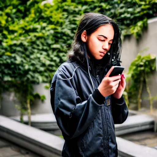 Image similar to candid photographic portrait of a poor techwear mixed young woman using a phone inside a dystopian city, closeup, beautiful garden terraces in the background, sigma 85mm f/1.4, 4k, depth of field, high resolution, 4k, 8k, hd, full color