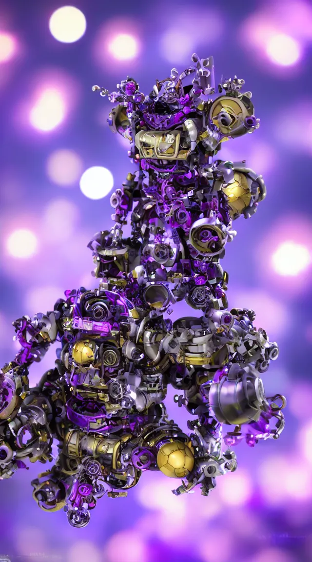 Image similar to toy mechanical monster, hyper detailed, sharp focus, bokeh, unreal engine, ray tracing, cute, fantasy, sci fi, purple flowers, blue flowers, violet flowers, glowing flowers, tiny, small, hyper realistic, sky