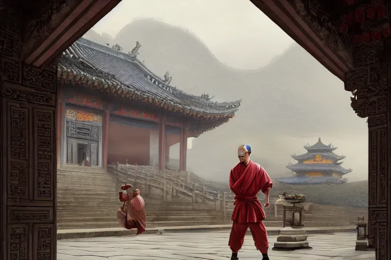 Image similar to A MONKEY dressed as a shaolin monk, standing in front of an ancient chinese palace, cinematic lighting, artstation, greg rutkowski