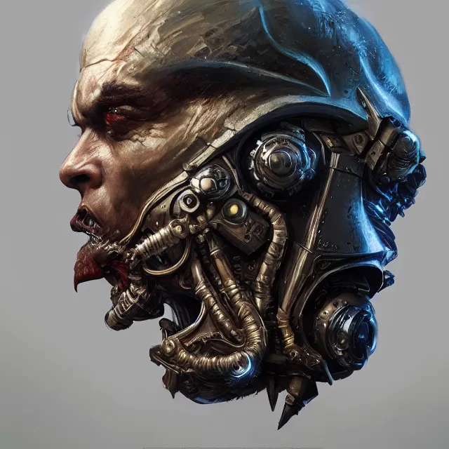 Image similar to hyper realistic portrait of warhammer android face symmetric cinematic, chaos marine, artstation, cgsociety, full head, greg rutkowski, james gurney, mignola, craig mullins, brom