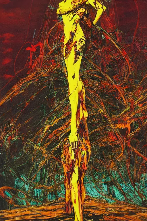 Image similar to energy of the body always goes somewhere, the dead are still here, art by philippe druillet and arthur suydam and jeffrey catherine jones, oil painting, front lighting first - person view telephoto lens, fractalism, vaporwave, profile picture, dadaism