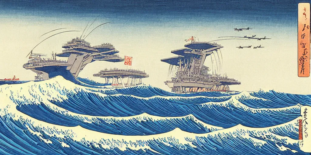 Image similar to A painting of nn aircraft carrier on the Great Wave, by Hokusai