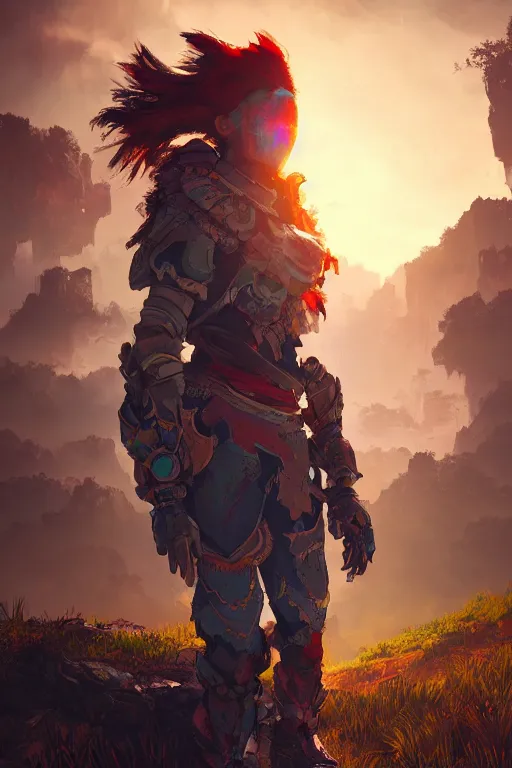 Image similar to combination suit armor aloy horizon forbidden west horizon zero dawn radiating a glowing aura global illumination ray tracing hdr fanart arstation by ian pesty and alena aenami artworks in 4 k tribal robot ninja mask helmet backpack