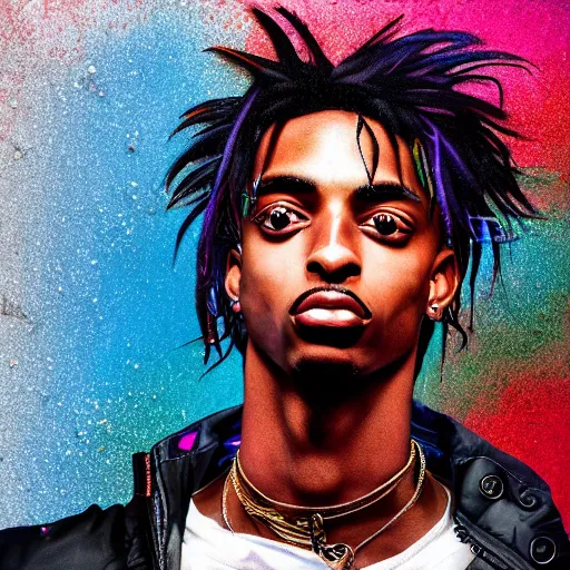 Prompt: playboi carti, photorealistic, hyper realistic, very detailed, detailed face, full body shot, 8 k, hd, neon colors, over saturated colors, wok, cluttered background with hype things, rainbows,