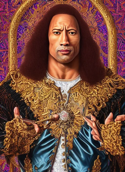 Image similar to beautiful oil painting, portrait of Dwayne the rock Johnson as Louis xiv in coronation robes 1701, Dan Mumford, Dan Mumford, Dan Mumford, Alex grey, Alex grey, lsd visuals, dmt fractal patterns, entheogen, psychedelic, hallucinogen, highly detailed, ornate, vaporwave