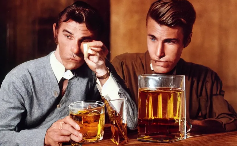 Prompt: color photo of a photomodel handsome man drinking whiskey 8 0's style