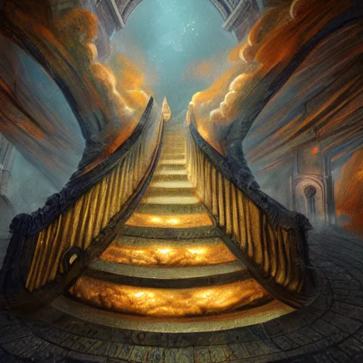 Image similar to stairs connecting heaven and hell , concept art trending on artstation, glowing effect, golden ratio, rule of thirds, illustration, digital painting, hyperreal, hyperdetailed, 8k