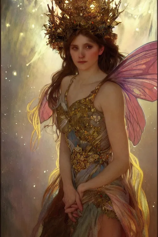 Prompt: hyperrealist portrait of a fairy girl emperorit is decorated with long robes that fall like stars and wears a huge crown. by jeremy mann and alphonse mucha, fantasy art, photo realistic, dynamic lighting, artstation, poster, volumetric lighting, very detailed faces, 4 k, award winning