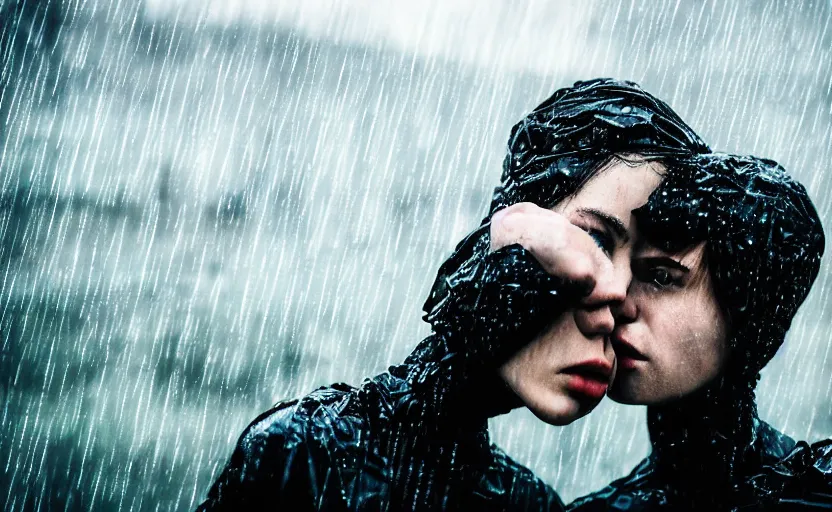 Image similar to cinestill 5 0 d candid photographic portrait by christopher nolan of two loving female androids wearing rugged black mesh techwear in treacherous waters, extreme closeup, modern cyberpunk moody emotional cinematic, pouring rain, 8 k, hd, high resolution, 3 5 mm, f / 3 2, ultra realistic faces, ex machina