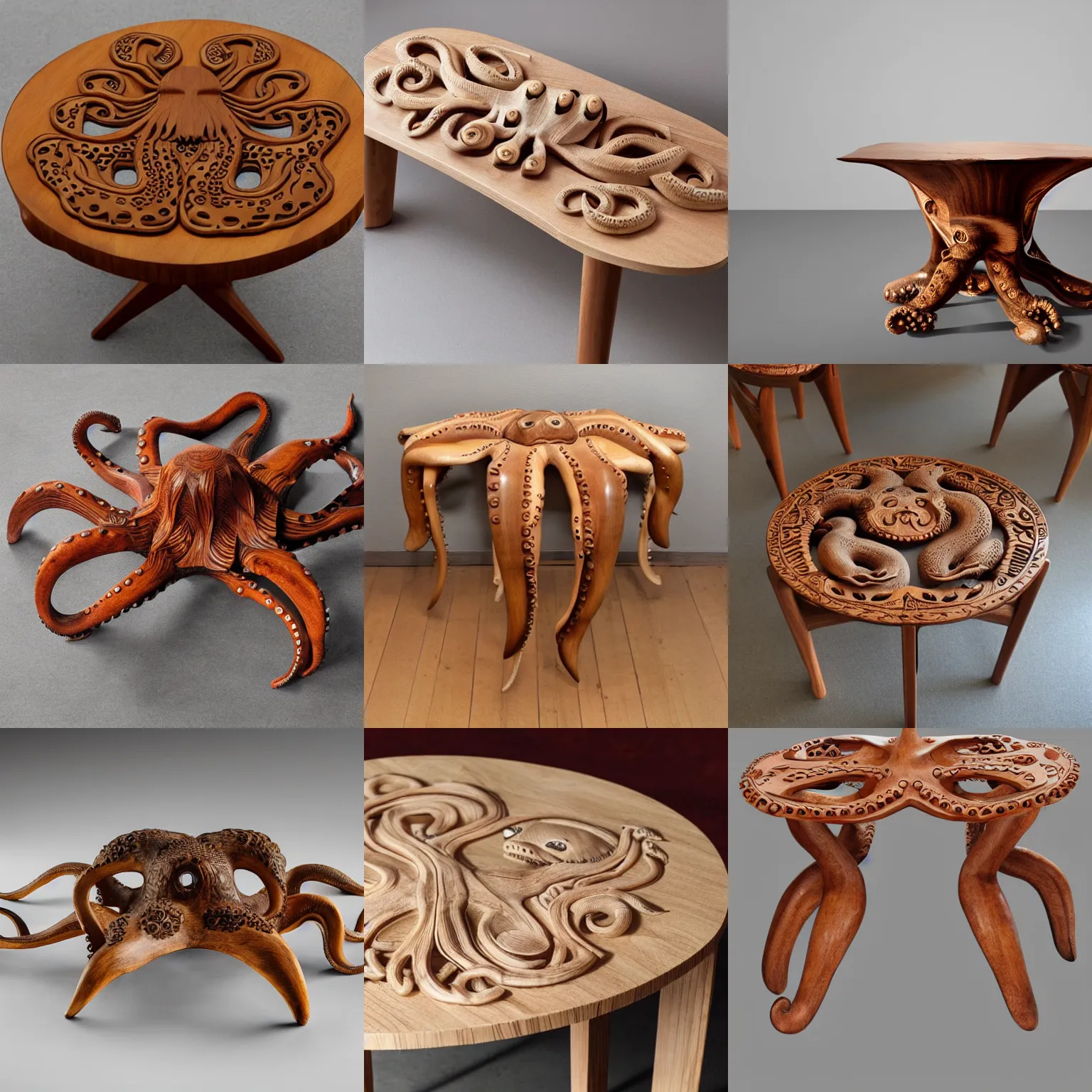 Prompt: norwegian design furniture of a wood table in the form of a octopus shape carved intricate