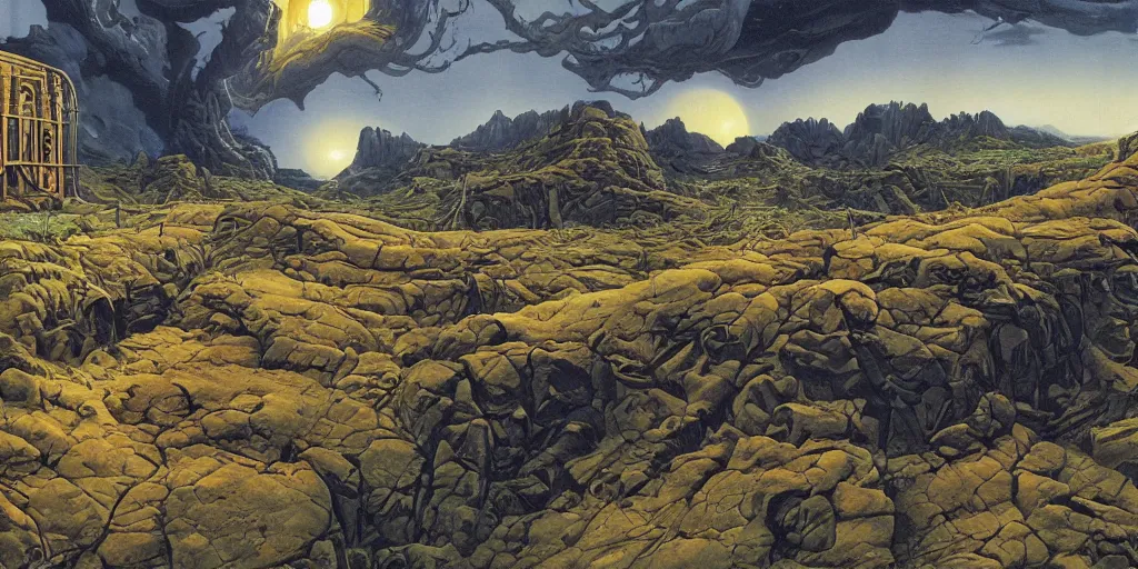 Prompt: Artwork by Hildebrandt Brothers of the landscape view of the Seventh Terrifying Prison.