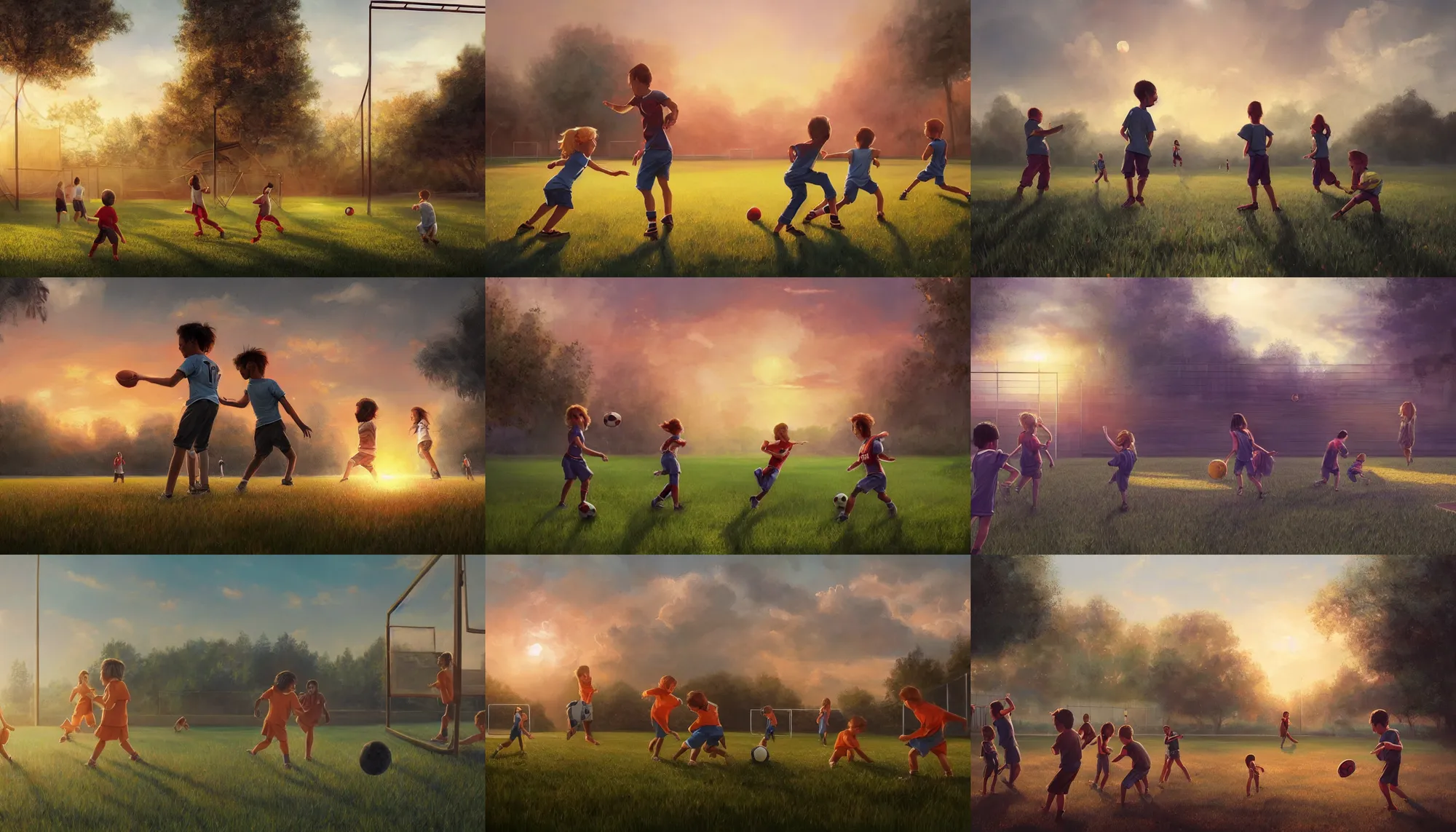 Image similar to beautiful painting of backyard football field with a pair of playing children during sunset, wide shot, digital painting, intricate details, trending on artstation, concept art, octane render, realistic, highly detailed, smooth, sharp focus, beautiful, 4 k, 8 k, hd, art by charlie bowater and artgerm and greg rutkowski