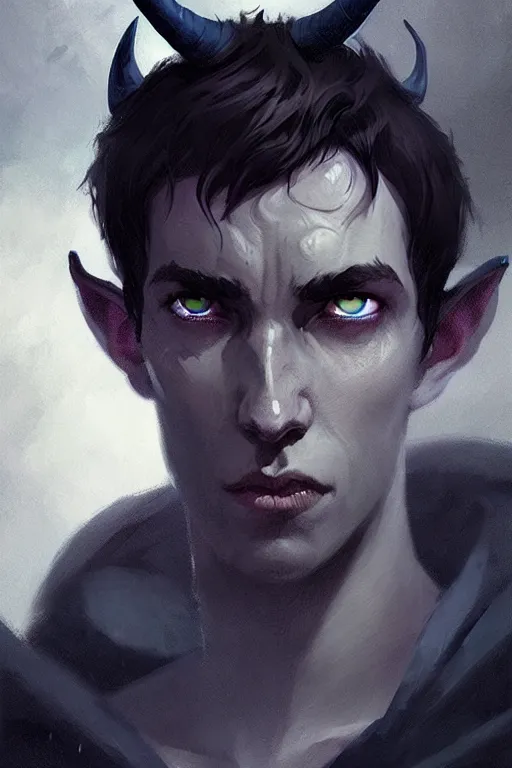 Image similar to portrait of a sad dark blue tiefling boy with horns and shaggy dark hair and pitch black hollow eyes, soft soft rounded face face face by Greg Rutkowski, concept art, sharp focus, illustration, intricate, highly detailed