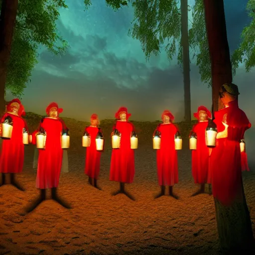 Prompt: A group of Spanish inquisitors holding lanterns on a sandy beach Cove in middle of a magical forest in night, detailed digital art