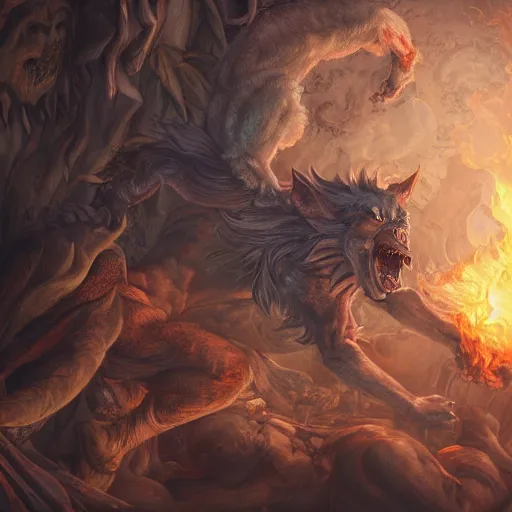 Prompt: A epic and beautiful rococo painting of a werewolf inside a burning cathedral. demon slayer style. ultra-detailed. Anime, pixiv, UHD 8K CryEngine, octane render