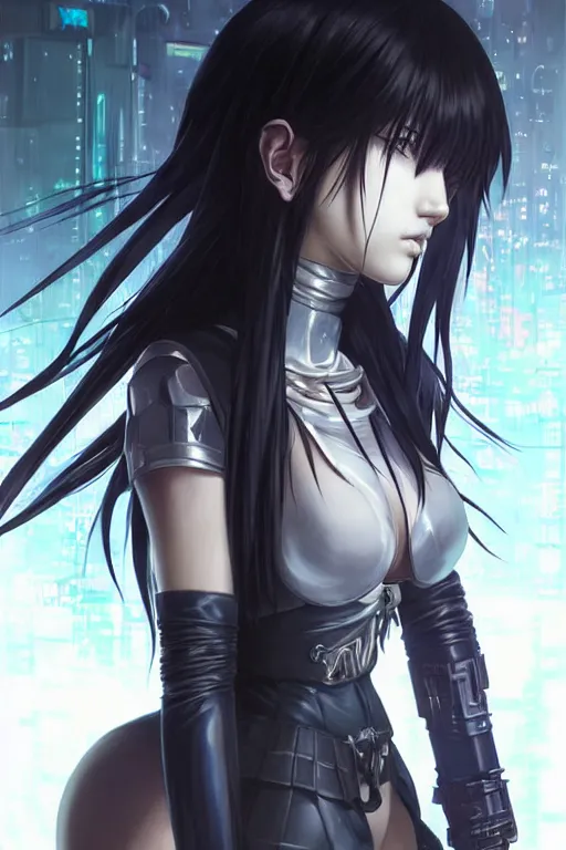 Image similar to portrait Anime girl in cyberpunk trinity blood armor, cute-fine-face, black-hair pretty face, realistic shaded Perfect face, fine details. Anime. realistic shaded lighting by Ilya Kuvshinov katsuhiro otomo ghost-in-the-shell, magali villeneuve, artgerm, rutkowski, WLOP Jeremy Lipkin and Giuseppe Dangelico Pino and Michael Garmash and Rob Rey and Yoshitaka Amano and Thores Shibamoto