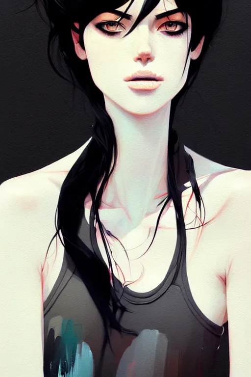 Image similar to a ultradetailed beautiful painting of a stylish woman with a white tank top, she has black hair with bangs, by conrad roset, greg rutkowski and makoto shinkai trending on artstation