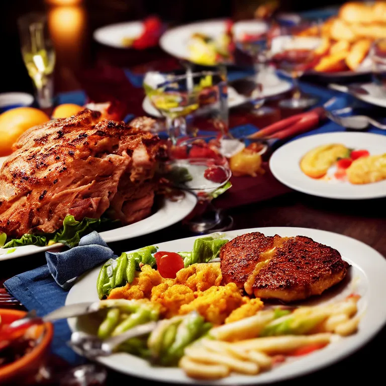 Prompt: close - up focused dslr photograph of an american dinner, 8 k, high detail, volumetric lighting, hyperrealism, aesthetically pleasing, studio lighting, trending