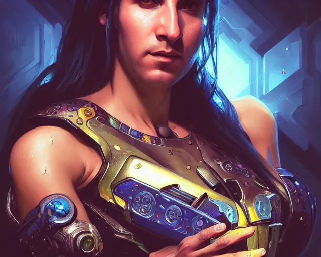 Image similar to messi with cyberpunk implants, deep focus, d & d, fantasy, intricate, elegant, highly detailed, digital painting, artstation, concept art, matte, sharp focus, illustration, hearthstone, art by artgerm and greg rutkowski and alphonse mucha