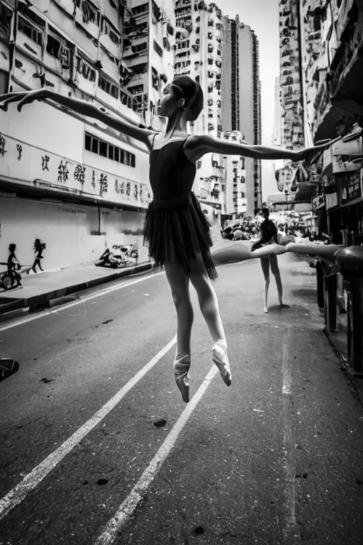 Prompt: a dynamic photograph of a ballet dancer in a dystopic Hong Kong street. Realism.