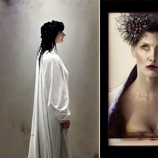 Prompt: stunning portrait of big female sumoringer as despair from sandman in a white void with empty frames all around her, by gregory crewdson, by alphonse mucha, by jeremy mann, by peter lindbergh, dave mckean, white suit and black tie, soft lightning, high detailed, 8 k