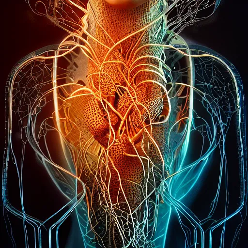 Prompt: a human heart, revealing wires and electronics, arteries, veins, sci - fi, missing panels, intricate abstract upper body intricate artwork, concept art, octane render, deviantart, cinematic, key art, hyperrealism, iridescent accents, portrait photograph, nikon 3 5 mm, photograph by greg rutkowski