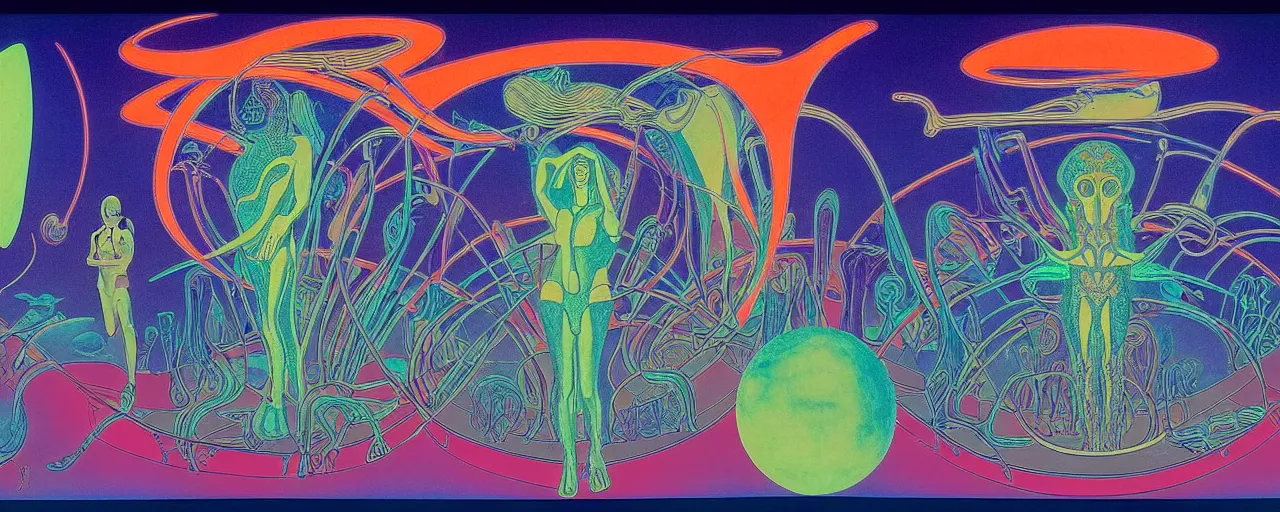Image similar to 1968 cut out collage, theater stage, neon Greek, dusk on Jupiter, epic theater, deep sea ambience, aquatic plants, Jugendstil drawings, in part by Alex Grey, part by Moebius, composition William S Boroughs, written by H. P. Lovecraft