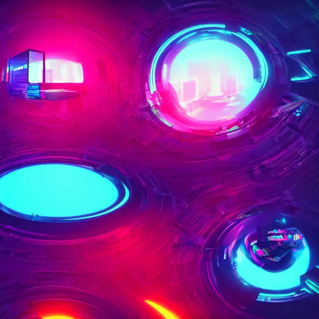 Image similar to warped mirror with neon frame in black hole in cube, psychedelic, futurism, atmospheric, colorful fog, shiny background, cyberpunk, octane render, ultra detailed, 8 k