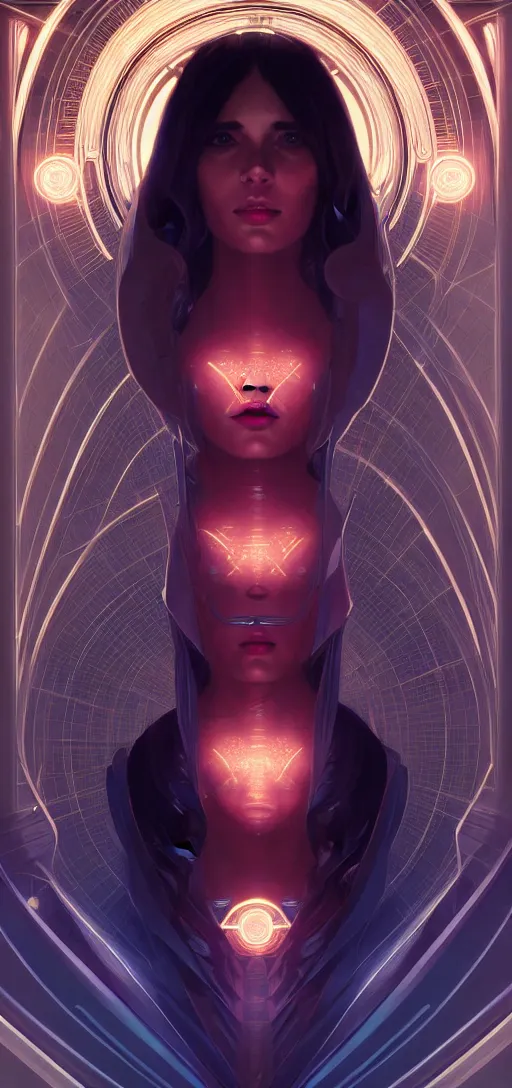 Image similar to symmetry!! portrait of * * * *, sci - fi, tech wear, glowing lights!! intricate, elegant, highly detailed, digital painting, artstation, concept art, smooth, sharp focus, illustration, art by artgerm and greg rutkowski and alphonse mucha