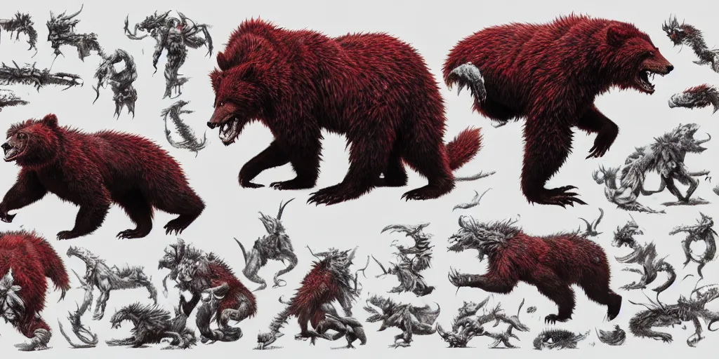 Image similar to Crimson red draconian grizzly bear character design sheet, Monster Hunter Illustrations art book, scaly, demonic, reptilian, white stripes all over its body, Moebius, Greg Rutkowski, Zabrocki, Karlkka, Jayison Devadas, Phuoc Quan, trending on Artstation, 8K, ultra wide angle, zenith view, pincushion lens effect.