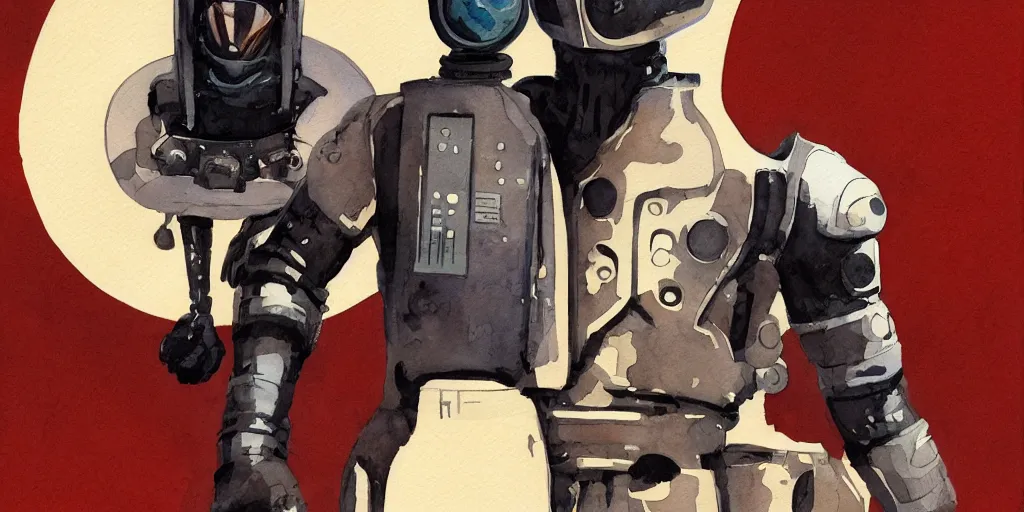 Image similar to male, full body, modern space suit, intriguing helmet, very stylized character design, the expanse tv series, large shoulders, short torso, long thin legs, tiny feet, science fiction, hyperdetailed, technical suit, dieselpunk, watercolor digital painting, in the style of mike mignola, by alex maleev, jean giraud