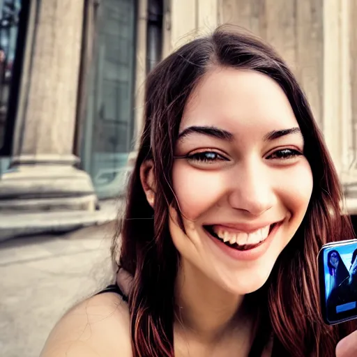 Prompt: representation of a young woman with a happy face in the year 2022 selfie photo taken with the iPhone 12