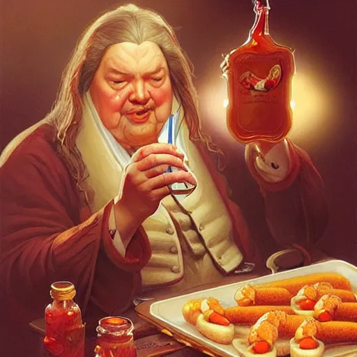 Prompt: William Penn eating Hot Dogs, dripping BBQ Sauce, serving big macs, D&D, spilling ketchup, fantasy, intricate, elegant, highly detailed, digital painting, artstation, concept art, matte, sharp focus, illustration, hearthstone, art by Artgerm and Greg Rutkowski and Alphonse Mucha