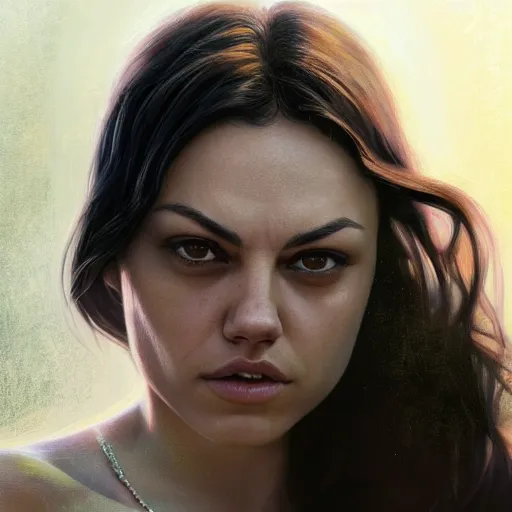 Image similar to mila kunis closeup portrait, dramatic light, lake background, 2 0 0 mm focal length, painted by stanley lau, painted by greg rutkowski, painted by stanley artgerm, digital art, trending on artstation