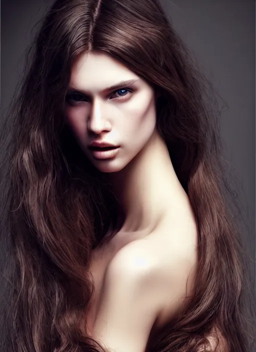 Image similar to a gorgeous female with long brown hair, photo by mert alas, mert and marcus, realistic, full body shot, wide angle, sharp focus, 8 k high definition, insanely detailed, intricate, elegant, art by stanley lau and artgerm, floating embers