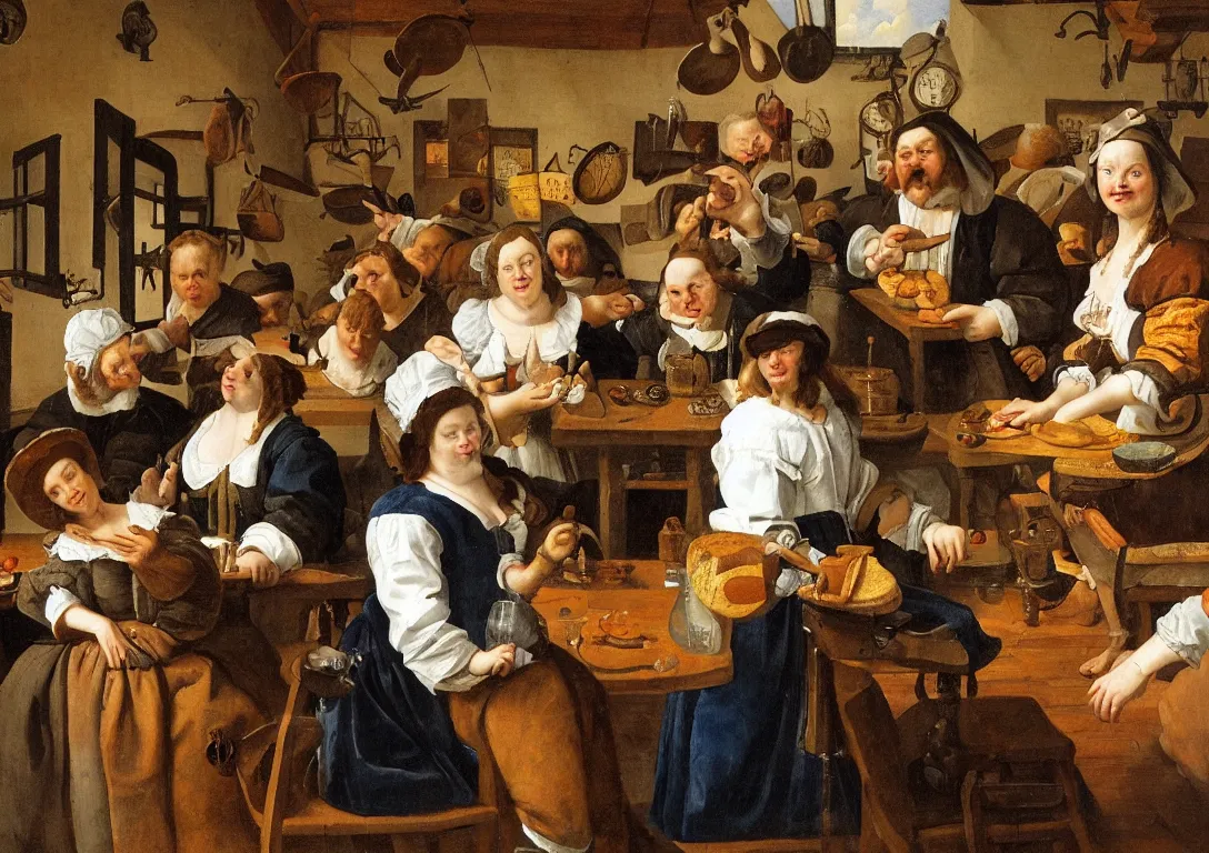 Prompt: Jan Steen. One Beautiful woman big in the center looking at us. Pig, dog, duck, window. Netherlands tavern, low ceiling, small chamber. Hyperrealistic, ultra detailed, 80mm, museum, artwork.