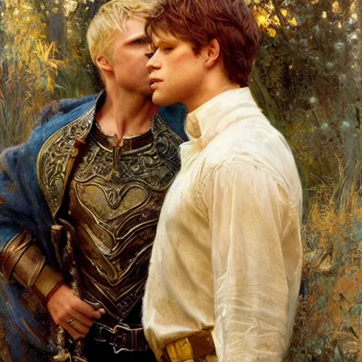 Image similar to attractive arthur pendragon confesses his love to attractive male merlin. highly detailed painting by gaston bussiere, craig mullins, j. c. leyendecker 8 k