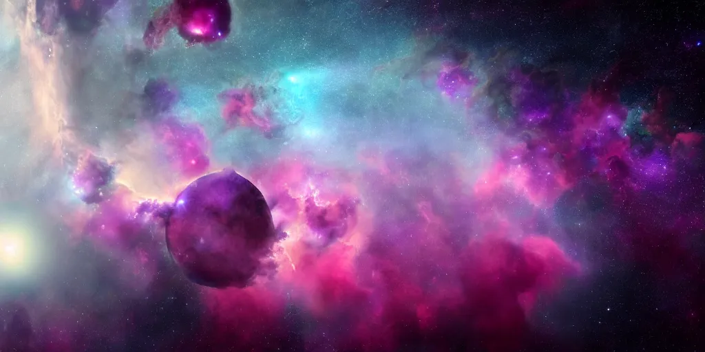 Prompt: magnificent photography of a planet with a nebula in deep space landscape, pink and purple chaotic clouds, stars, unreal engine render, nasa, artstation, deviantart, 8 k