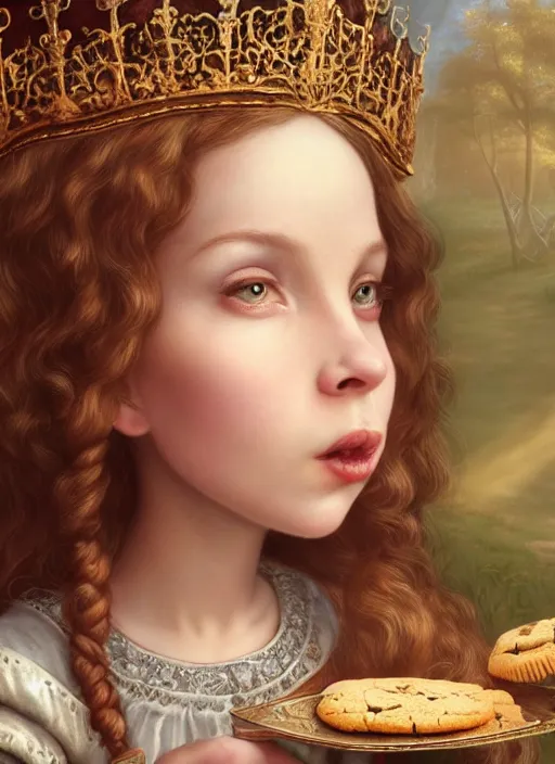 Prompt: highly detailed closeup portrait of a fairytale medieval princess eating chocolate cookies, unreal engine, nicoletta ceccoli, mark ryden, lostfish, earl norem, global illumination, god rays, detailed and intricate environment