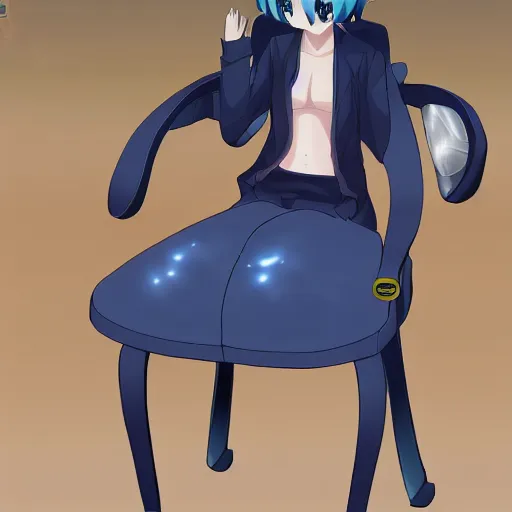 Image similar to anime waifu chair, perfect to sit on, waifu has a big head, pixiv