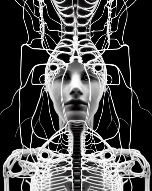 Image similar to black and white cyborg - plant goddess high quality photo, microchip, artificial intelligence, bio - mechanical bio - luminescence, black wired cables, neurons, nerve cells, cinematic, rim light, photo - realistic, high detail, 8 k, masterpiece, high fashion, in the style of steven meisel dora maar h. g. giger