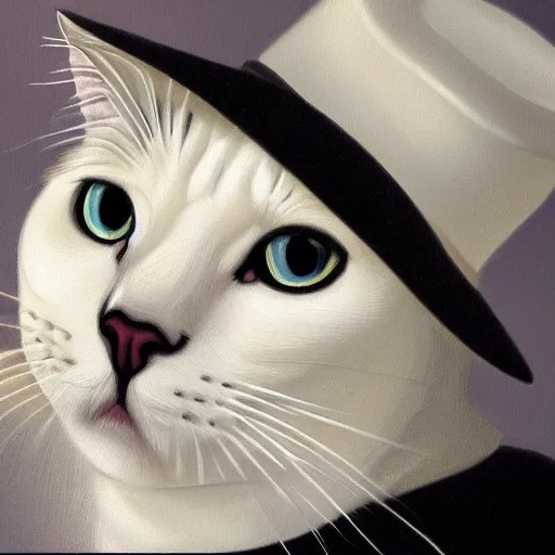 Prompt: reallistic detailed portrait of a white cat, wearing a black hat