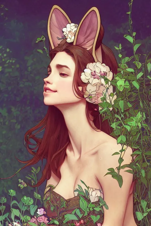 Prompt: A beautiful woman with fox ears in a garden, highly detailed, digital painting, artstation, concept art, smooth, sharp focus, illustration, art by artgerm and alphonse mucha, high definition digital art, in the style of Ross tran and ilya kuvshinov