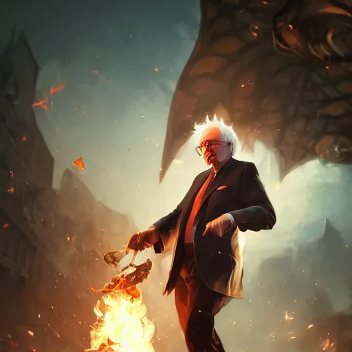 Image similar to portrait of bernie sanders burning money, league of legends amazing splashscreen artwork, splash art, natural light, elegant, photorealistic facial features, intricate, fantasy, detailed face, atmospheric lighting, anamorphic lens flare, cinematic lighting, league of legends splash art, hd wallpaper, ultra high details by greg rutkowski