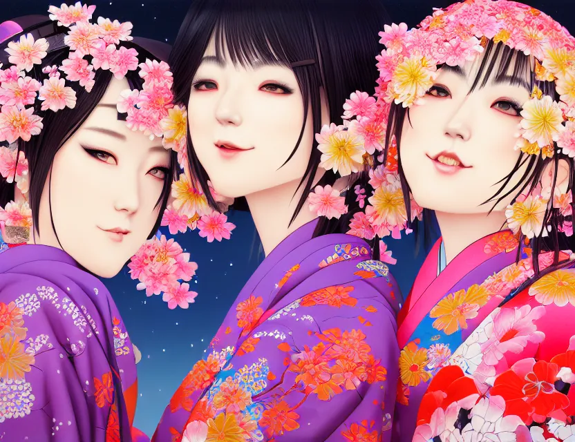 Image similar to two beautiful charming japan girls wear arty kimono in festival | | sunny night, full moon, dreamlike art, realistic shaded, smile, good looking, hyper details, 4 k realistic, cryengine, realistic shaded lighting poster by ilya kuvshinov, fuji choko, ross tran, 8 k resolution, trending on artstation, luxury