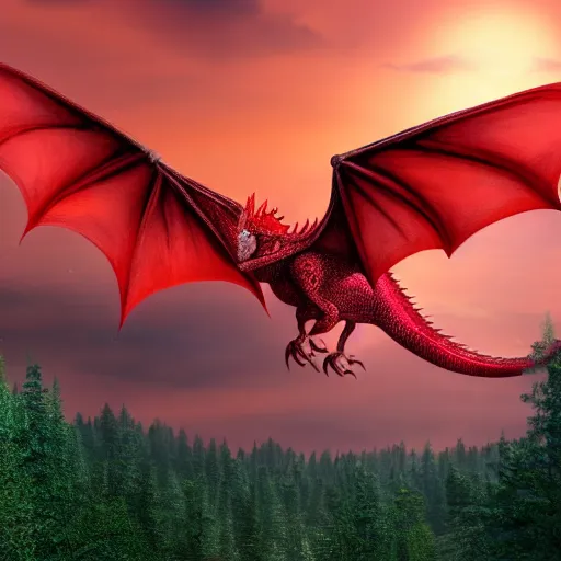 Prompt: a cute gorgeous beautiful realistic red dragon flying above a forest, photorealistic image , sunset in the background