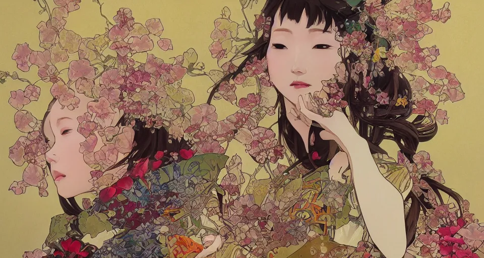 Prompt: oil painting, long shot, beautiful floralpunk japanese bio mechanical female illustration detailed patterns art of japan traditional dress, flower pop art, floral splash painting, art by ashley wood, alphonse mucha, makoto shinkai, geof darrow, dark shadow