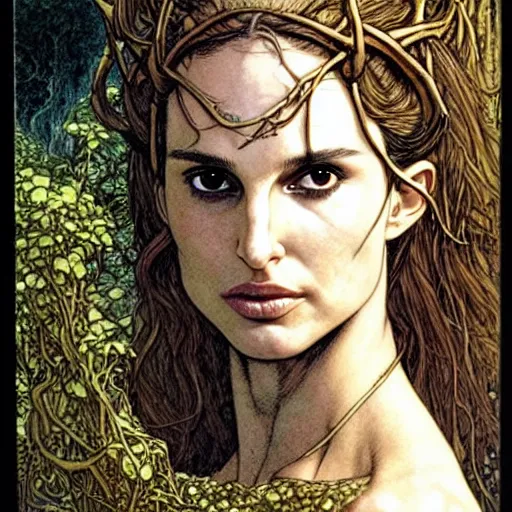 Image similar to a realistic, very beautiful and atmospheric portrait of a young and lithe natalie portman as a druidic warrior wizard looking at the camera with an intelligent but seductive gaze by rebecca guay, michael kaluta, charles vess and jean moebius giraud