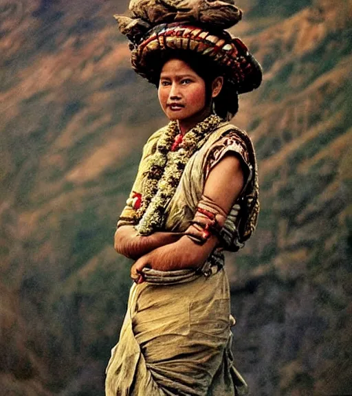 Image similar to vintage_portrait_photo_of_a_stunningly beautiful_nepalese_maiden in the himalayan mountains by Annie Leibovitz